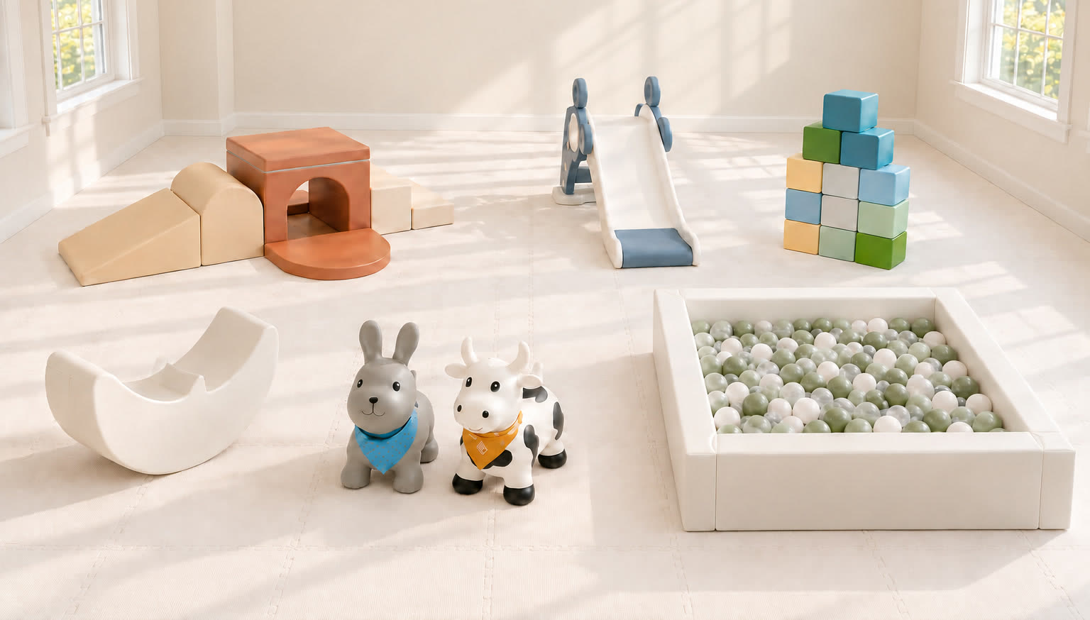 The full Giggle Wonder set: a soft foam climber with a tunnel, a white toddler slide, 12 foam blocks, a moon rocker, bunny and cow hoppers and a 4 ft ball pit with pastel balls, on soft foam floor tiles.