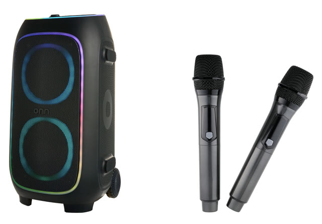 A tall black party speaker with colorful light rings, next to two wireless microphones.